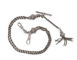 An antique sterling silver Albert watch chain with tasselled fob, 19th century, 35cm long