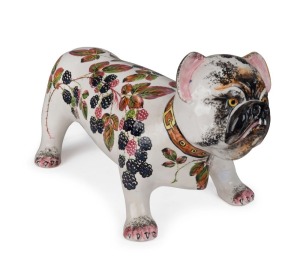 WEMYSS pottery bulldog statute with bramble decoration, signed "Wemyss", 23cm high, 42cm long