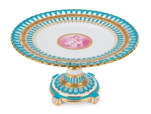 MINTON antique English porcelain tazza decorated with cherub vignette, 19th century, 15cm high, 26.5cm diameter