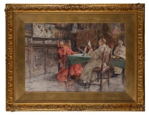 V. POVEDA (Italian school, 19th century), The Cardinal's Letter, watercolour, signed lower left "V. Poveda, Roma", signed and titled verso, 38 x 55cm, 60 x 77cm overall