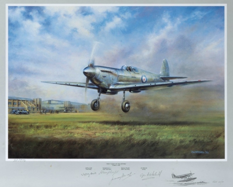 "FIRST FLIGHT OF THE SPITFIRE, 5TH MARH 1936", limited edition lithograph 567/978 by by JIM MITCHELL, signed in pencil in the lower margin by JEFFERY QUILL (Test Pilot), HUMPHREY E.J. (RAF Test Pilot), SAMMY WROATH (RAF Test Pilot), and JIM MITCHELL (Arti