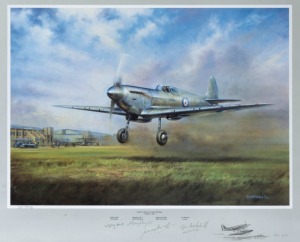 "FIRST FLIGHT OF THE SPITFIRE, 5TH MARH 1936", limited edition lithograph 567/978 by by JIM MITCHELL, signed in pencil in the lower margin by JEFFERY QUILL (Test Pilot), HUMPHREY E.J. (RAF Test Pilot), SAMMY WROATH (RAF Test Pilot), and JIM MITCHELL (Arti