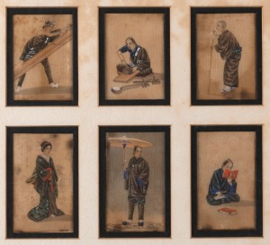 Six antique Japanese portraits of real life, hand-painted on silk, Meiji period, 19th century, ​​​​​​​framed together as one, 37 x 39cm overall