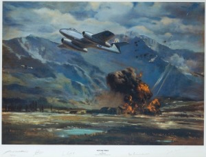 "METEOR STRIKE", limited edition lithograph 11/500 by FRANK WOOTTON, signed in pencil in the lower margin by the artist and four Meteor Pilots Wing Commander DICK CRESSWELL DFC, DFC (US), AM (US) , Flying Officer GEORGE HALE MID , Group Captain LES READIN