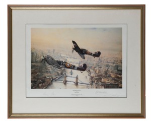 "VICTORY SALUTE", lithograph by ROBERT TAYLOR, signed in pencil in the lower margin by the artist as well as Wing Commander BOB STANFORD-TUCK DSO DFC, and Air Commodore ALAN DEERE DSO OBE DFC. ​​​​​​​58 x 70cm overall