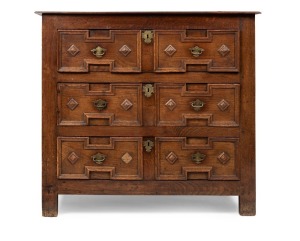 Charles II English oak chest of three drawers, circa 1680, ​​​​​​​91cm high, 101cm wide, 58cm deep
