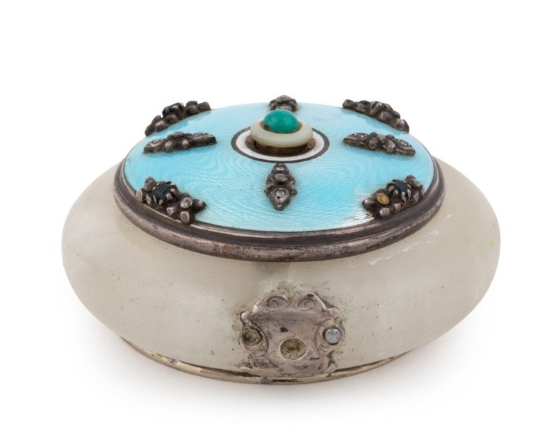 FABERGE servant bell push, white rock crystal with stunning blue enamel and silver top encrusted with diamonds, pearl shell and emeralds, stamped with full Cyrillic mark and 84 Russian standard, 3.5cm high, 7.5cm diameter