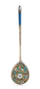 An antique Russian silver and enamel spoon with original gilt wash finish, stamped "E.A." with 84 Russian standard mark, 16.5cm long