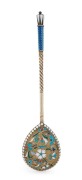 An antique Russian silver and enamel spoon with original gilt wash finish, stamped "E.A." with 84 Russian standard mark, 16.5cm long