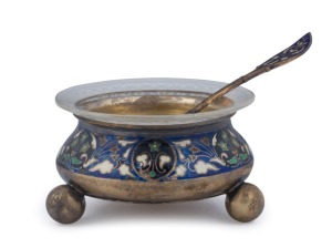 A Northern European silver and enamel condiment pot with crystal liner and original spoon, circa 1900, stamped "925" with pictorial mark, 3cm high, 6cm wide