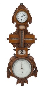 An antique wall clock weather station with 8 day timepiece, barometer, thermometer and calendar in a carved walnut case, retailer by Knight Warminster, 19th century, ​​​​​​​68cm high