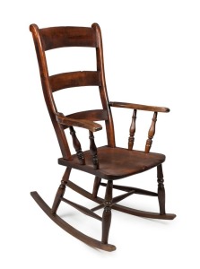 An antique English mahogany rocking chair, 19th century, blades replaced, 105cm high, 59cm across the arms