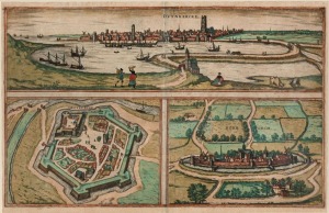 BRAUN (1541 - 1622) & HOGENBERG (1535 - 1590) DUYNKERKE (Dunkirk) being a double-page spread from Volume 2 of 'CIVITATES ORBIS TERRARUM' (Cities of the World) (1575), with Gravelines and Bourbourg in the lower panels, copper engraving, hand-coloured, 31 x