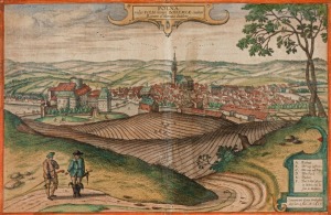 BRAUN (1541 - 1622) & HOGENBERG (1535 - 1590) POLNA (in Bohemia) being a double-page spread birds-eye view from Volume 6 of 'CIVITATES ORBIS TERRARUM' (Cities of the World) (1617), copper engraving, hand-coloured, 31 x 49cm; attractively framed and glazed