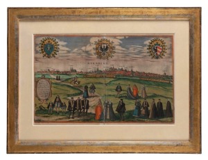BRAUN (1541 - 1622) & HOGENBERG (1535 - 1590) NURNBERG (Nuremberg) being a double-page spread panoramic view from Volume 1 of 'CIVITATES ORBIS TERRARUM' (Cities of the World) (1593), copper engraving, hand-coloured, 31 x 49cm; attractively framed and glaz