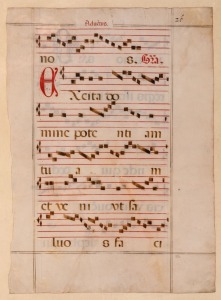 Original double-sided leaf from a manuscript Antiphonal on vellum; heading and capitals in red, five lines of black square musical notation on five-line staves in red, circa 1500s; sheet size 69 x 49cm; framed and glazed, overall 88.5 x 68cm.