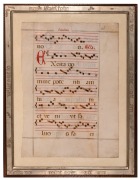 Original double-sided leaf from a manuscript Antiphonal on vellum; heading and capitals in red, five lines of black square musical notation on five-line staves in red, circa 1500s; sheet size 69 x 49cm; framed and glazed, overall 88.5 x 68cm. - 2