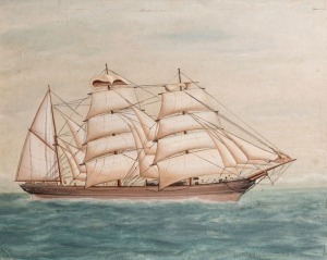 Artist Unknown (possibly 'Noel Lilian'), a three-masted ship in full sail, oil on card, circa 1820s, 30.5 x 38cm, in a bird's eye maple frame.