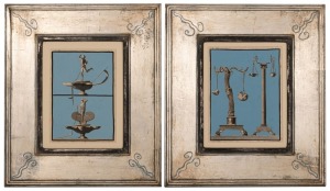 Two 18th Century copper engraved plates, one depicting urns, the other depicting scales, both enhanced in blue and black gouache and presented in matching hand-made frames, both 34 x 29.5cm overall. (2).