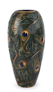 MOORCROFT "Peacock" feather pottery vase designed by R. Bishop, circa 1996, factory marks to base, 36.5cm high
