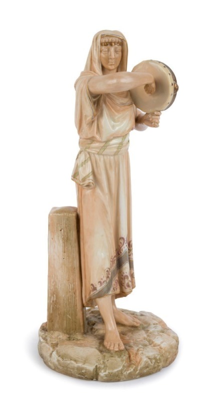 ROYAL WORCESTER antique English porcelain statue of a tambourine player, impressed and puce factory marks to base, ​​​​​​​32cm high