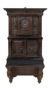 An antique Italian miniature cabinet in the Renaissance style, timber and metal with accompanying wall bracket, early to mid 19th century, 69cm high overall, 37cm wide, 15cm deep