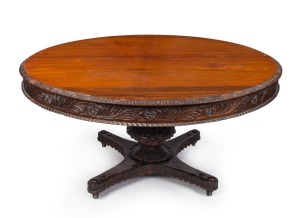 A fine Anglo-Indian centre table, impressively carved padouk, circa 1830, 76cm high, 147cm diameter