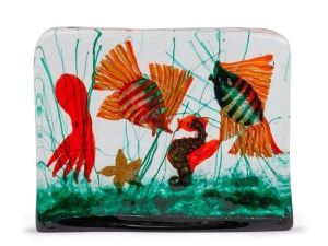 CENEDESE impressive Murano glass aquarium fish block with octopus, starfish, seahorse and two large fish by ALFREDO BARBINI, circa 1960, original foil label, 20cm high, 25cm wide, 7cm deep