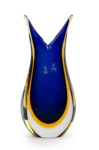 FORMIA blue and amber sommerso Murano glass beak vase, engraved signature to base with factory labels, 29cm high