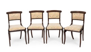 Set of four English antique simulated rosewood dining chairs, stamped "Wilkinson, Ludgate Hill". early 19th century