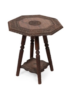 An Anglo-Indian octagonal occasional table with carved floral motif, 19th century, ​​​​​​​55cm high, 45cm wide, 45cm deep