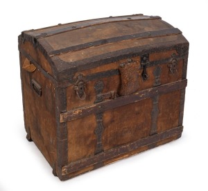 An antique Saratoga style dome top trunk, canvas covered with iron and timber fittings, 19th century, 65cm high, 70cm wide, 50cm deep