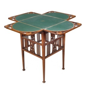 An antique English Arts & Crafts drop-side occasional table, finely crafted in walnut with string inlay, mother of pearl and tooled leather top, circa 1900, 72cm high, 44cm wide (extends to 88cm), 44cm deep (extends to 88cm)