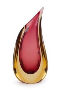 LUIGI ONESTO sommerso teardrop Murano glass vase in cranberry and golden yellow, incised "Luigi Onesto, Murano, Italy" with original "Oggetti" label, 25.5cm high