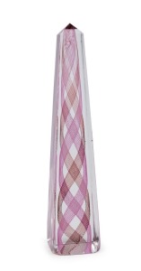 VENINI Murano glass obelisk with double helix latticino design by PAULO VENINI, three lined acid etched mark "Venini, Murano, Italia", 22cm high