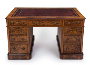 An antique English oyster walnut twin pedestal lady's desk with string inlay decoration and tooled leather top, 19th century, 64cm high, 122cm wide, 63cm deep