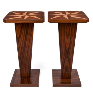 A pair of Art Deco style rosewood pedestals with marquetry inlaid tops, 20th century,80cm high, 40cm wide, 40cm deep