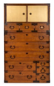 An antique Korean cypress two sectional cabinet, late 19th century, ​​​​​​​159cm high, 89cm wide, 40cm deep