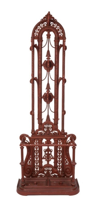 FALKIRK Scottish cast iron hallstand, 19th century, maker's stamp on the back with diamond registration mark, 207cm high, 72cm wide, 30cm deep