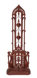 FALKIRK Scottish cast iron hallstand, 19th century, maker's stamp on the back with diamond registration mark, 207cm high, 72cm wide, 30cm deep