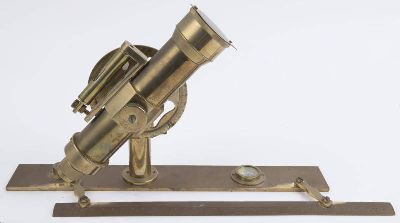 A solid brass Plane Table Alidade with directional ruler and built-in compass base, 35cm wide