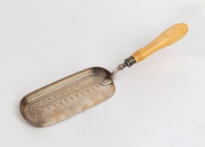 An antique silver plated crumb tray with carved ivory handle, 19th century, 35cm long