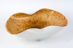 Murano glass fruit bowl, caramel and white with aventurine gold inclusions, circa 1970, 15cm high, 42cm wide