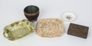 A Chinese carved coconut cup, an Indian bidri ware box and three porcelain dishes, 20th century, (5 items), the cup 7.5cm high