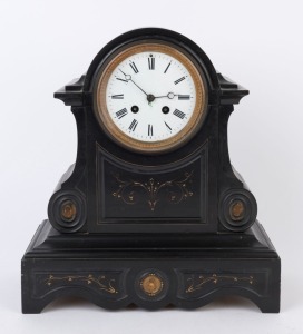 An antique French mantel clock, eight day time and strike movement in black slate case, 19th century, ​33cm high