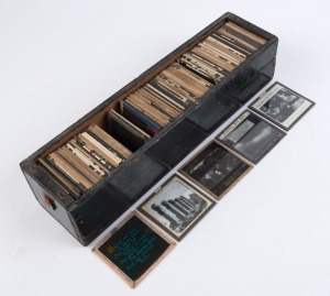 ASSORTMENT black painted box of antique and vintage glass slides including Walhalla, Fiji, Wesley College etc, (12 slides)