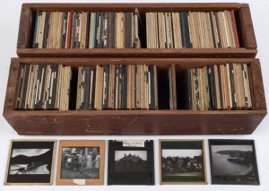 ASSORTED - Two timber boxes of antique and vintage glass slides, (190+).