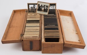 ASSORTED - Two timber boxes of antique and vintage glass slides, English and European scenes etc, (125 slides)