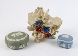 A German floral porcelain basket vase, together with two Wedgwood Jasper Ware porcelain boxes, 19th and 20th century, (3 items), the vase 18cm high