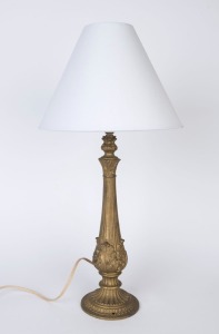 A gilt metal table lamp with white shade, mid 20th century, ​61cm high
